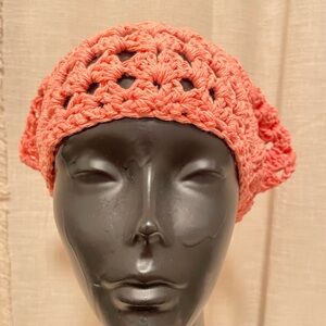 Handcrafted Coral Crochet head kerchief. 100% cotton.